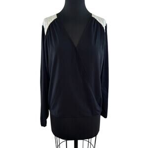 RED Saks Fifth Avenue Black Surplice Neckline Long Sleeve Shirttail Hem Top Sz S